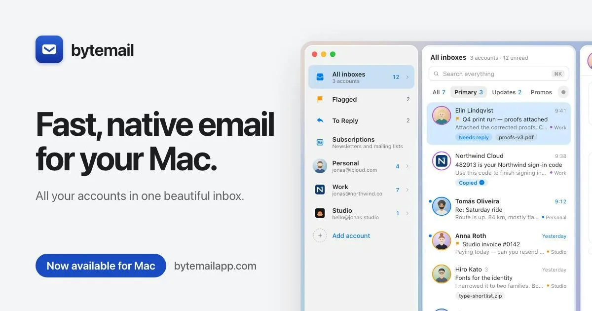 bytemail: Cliente de correo nativo para Mac: todas tus bandejas en el notch, sin rastreadores