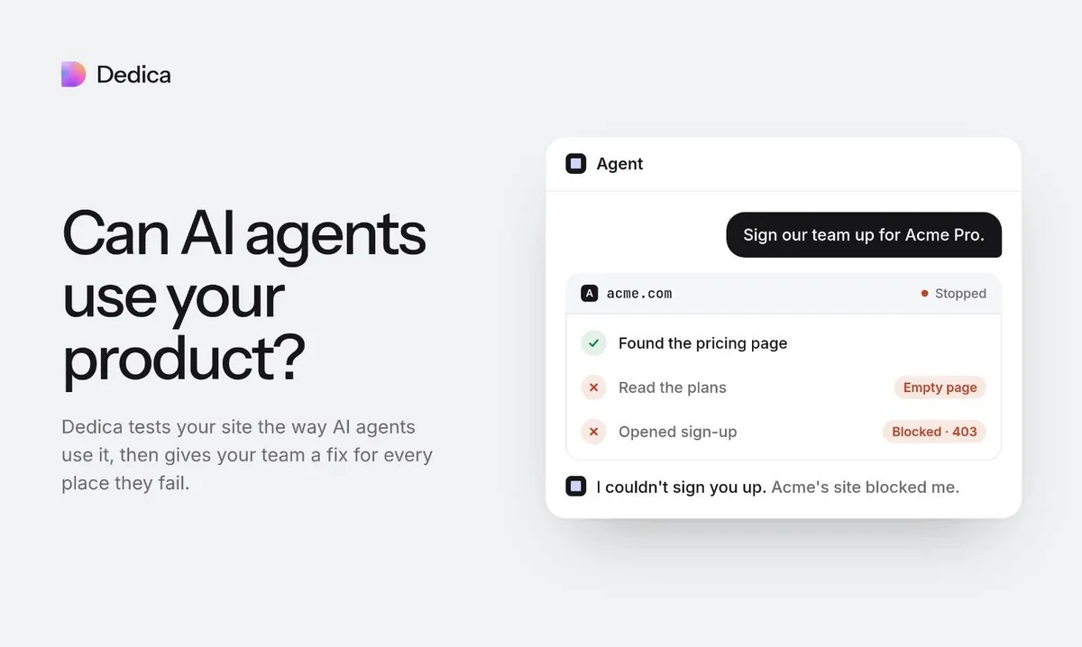 Dedica: Comprueba si los agentes de IA pueden navegar y usar tu sitio web