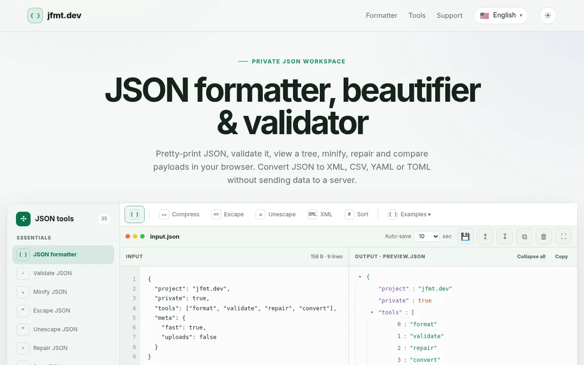 JFmt: Formateador y validador JSON gratuito que funciona en tu navegador