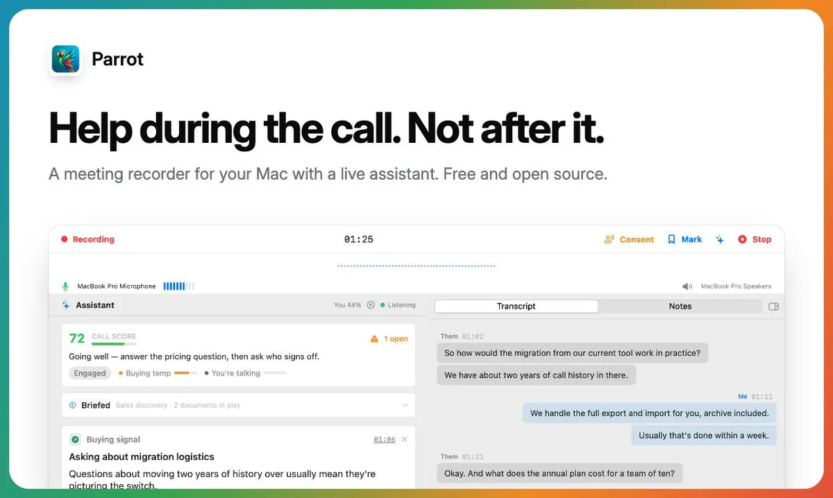 Parrot: Asistente inteligente para reuniones en Mac que te ayuda durante la llamada, no después
