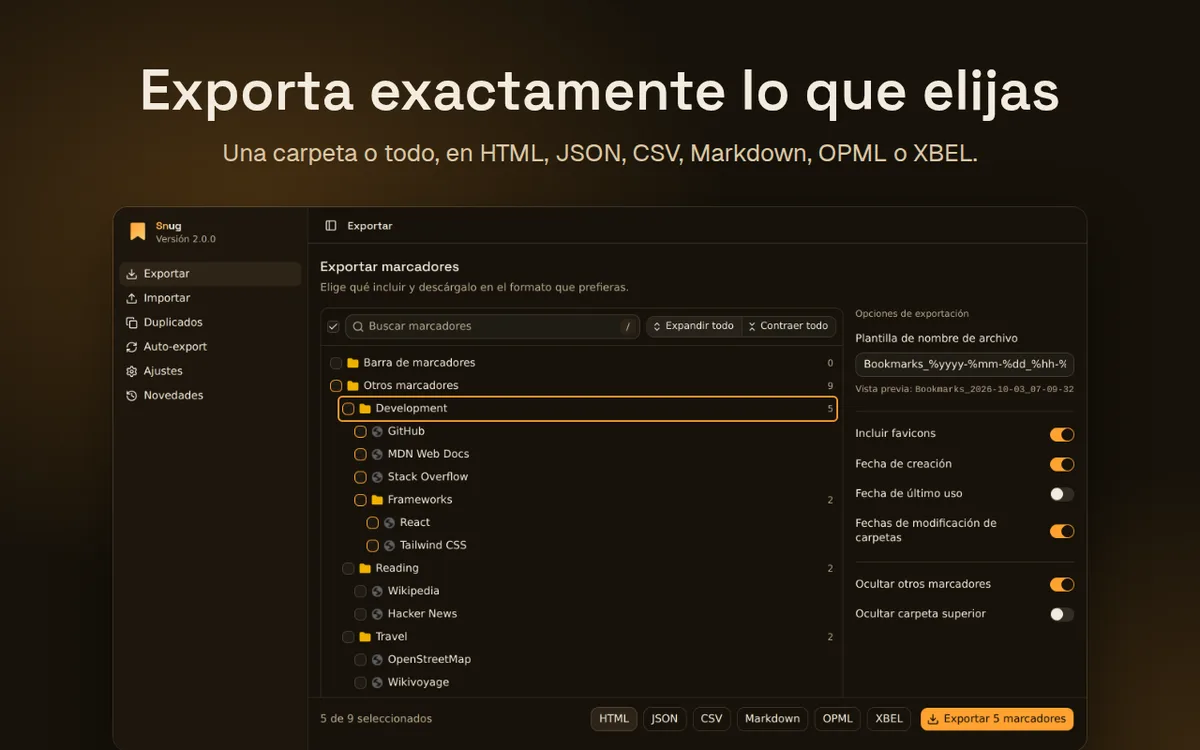 Snug: Exporta, importa y respalda tus marcadores en tu dispositivo