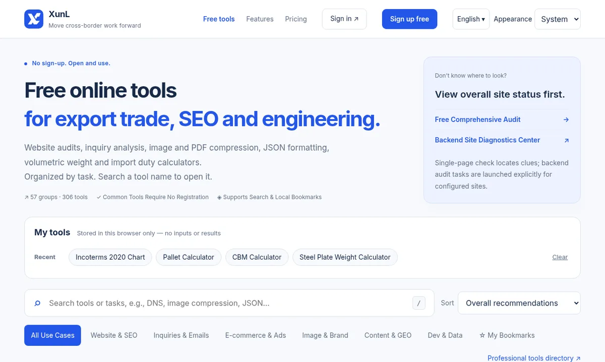 XunL: Calculadoras gratis de ingeniería, logística y comercio, sin registro