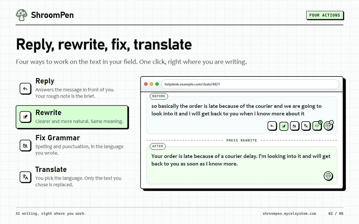 ShroomPen: Responde, reescribe, corrige y traduce desde una sola extensión